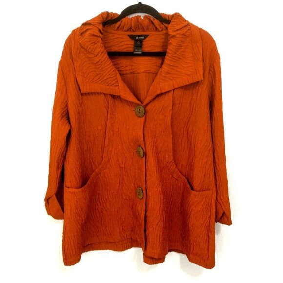 Ali Miles Jacket Size XL Orange Crinkly Textured Button Front Blazer Art To Wear - Picture 2 of 10